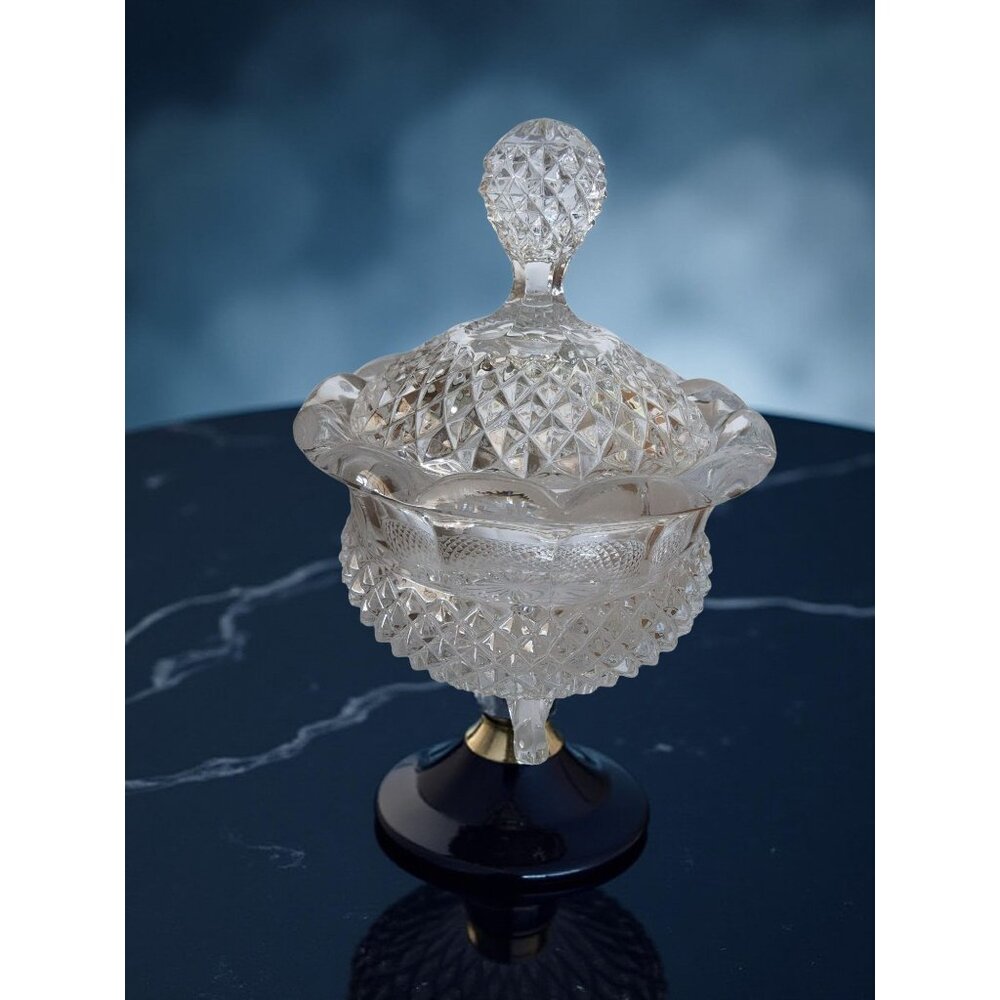 vintage godinger heavy cut chrystal glass diamond pattern candy dish